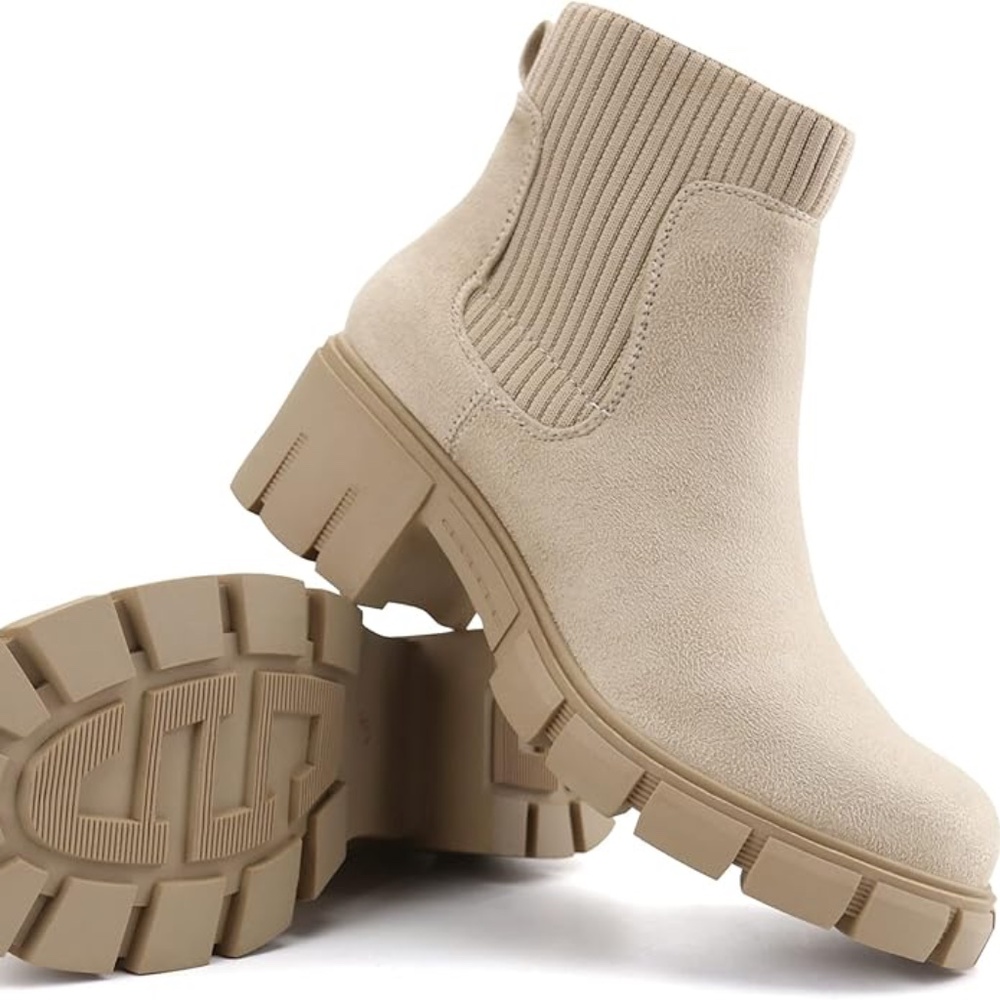 Jabasic Beige Chunky Lug Sole Ankle Booties